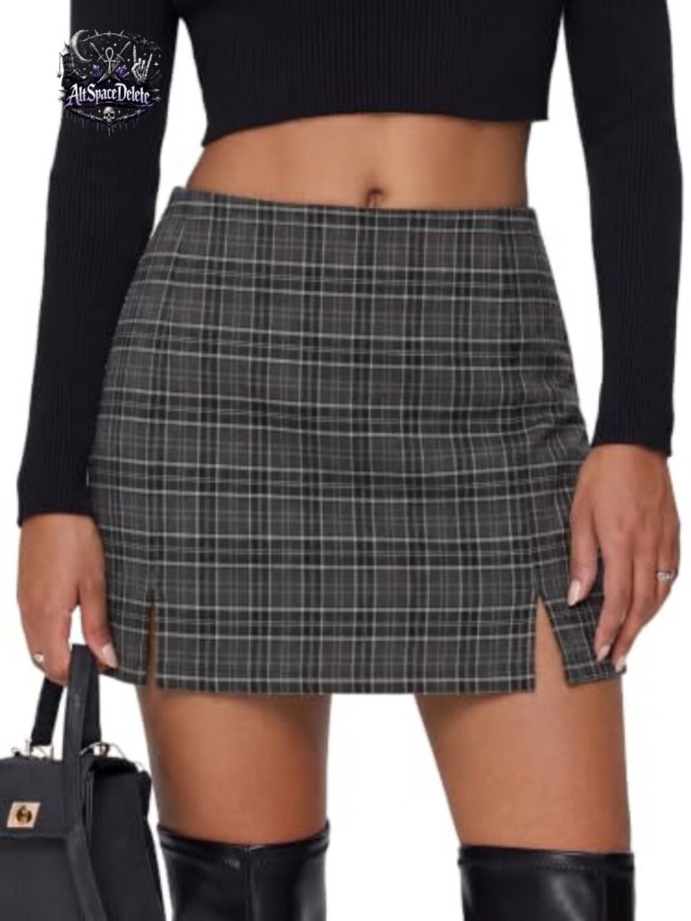 Plaid Mini Skirt High Elastic Waist Bodycon Double Slit Stretch